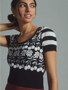 Anthropologie Maeve Trixie Floral Cherry Crop Sweater Top